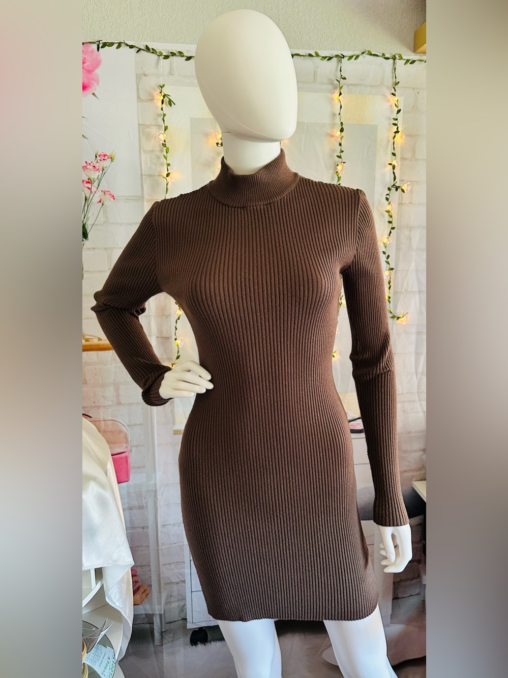 Forever 21 Brown Ribbed Turtleneck Bodycon Sweater Mini Dress